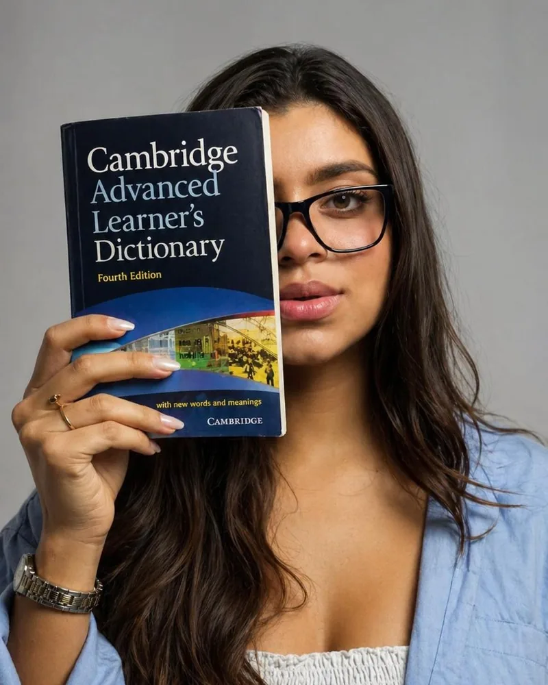 A Ester segurando um dicionário Cambridge ao lado do rosto, olhando para a câmera.